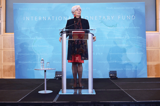 IMF chief Christine Lagarde speaks during a press conference at IMF headquarters yesterday in Washington DC