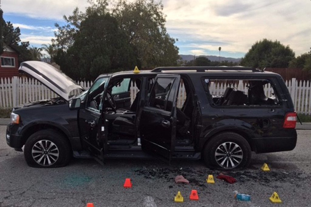 Syed Farook and Tashfeen Malik were in this SUV when they engaged police in a shootout Wednesday in which they fired 76 rounds while 23 officers fired about 380 police said.
San Bernardino County Sheriff's Department via AP