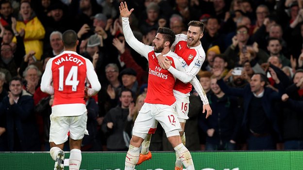 In-form Arsenal striker Olivier Giroud celebrates with team-mates