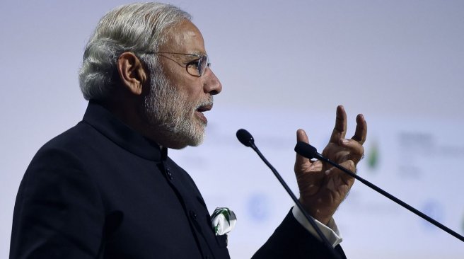 Indian Prime Minister Narendra Modi delivers a speech during the opening day of the World Climate Change Conference 2015