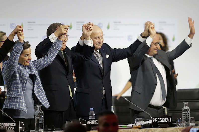 From L-R Christiana Figueres Executive Secretary of the UN Framework Convention on Climate Change United Nations Secretary General Ban Ki-moon French Foreign Affairs Minister Laurent Fabius President-designate of COP21 and French President Francois H