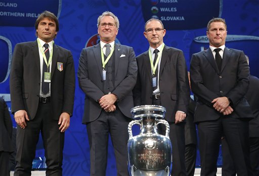 Getting ready The coaches of teams drawn in group E from left Italy's coach Antonio Conte Sweden's coach Erik Hamren Martin O'Neill the coach of Ireland and Belgian assistant coach Vital Borkelmans pose for