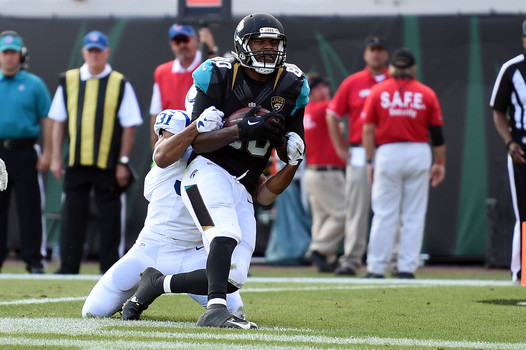 Julius Thomas of the Jaguars catches a touchdown pass in Jacksonville's 51-16 win over the Indianapolis Colts on Sunday