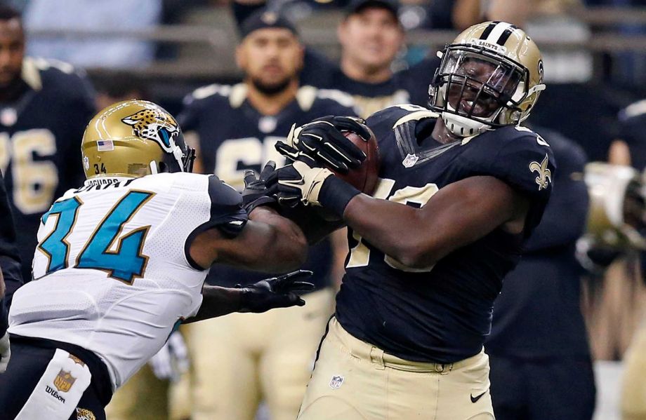 New Orleans Saints defensive end Bobby Richardson intercepts a pass intended for Jacksonville Jaguars running back Jonas Gray in the first half of an NFL football game in New Orleans Sunday Dec. 27 2015