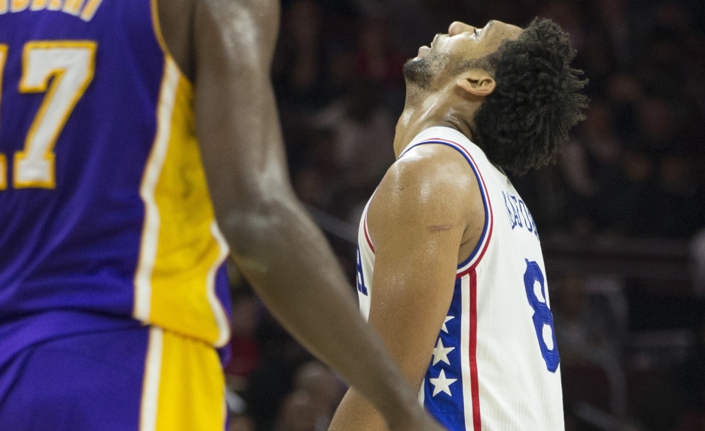 PHILADELPHIA PA- DECEMBER 1 Jahlil Okafor #8 of the Philadelphia 76ers reacts in the game against the Los Angeles Lakers