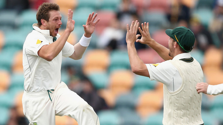 James Pattinson celebrates dismissing Jermaine Blackwood