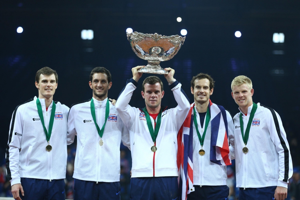 Jamie Murray James Ward Leon Smith Andy Murray and Kyle Edmund celebrate with the Davis Cup on day three of the Davis Cup Final