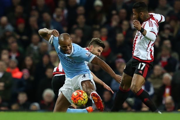 Vincent Kompany of Manchester City injures himself after only just coming onto the pitch as a second half substitute during the Barclays Premier League match between Manchester City and Sunderland at the Etihad Stadium