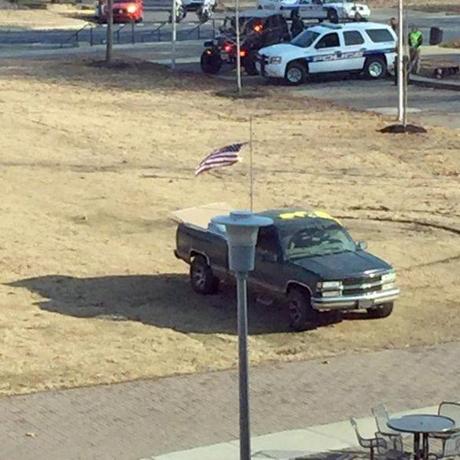 The man’s truck was left parked Thursday on the lawn outside the student union at Arkansas State University