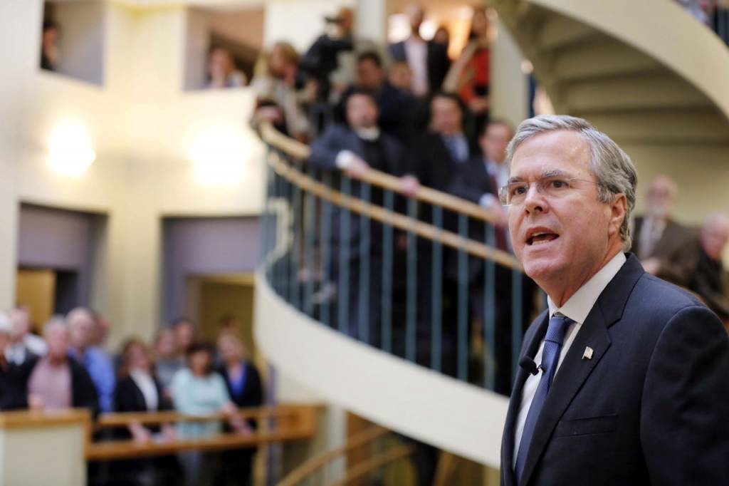 Republican presidential candidate former Florida Gov. Jeb Bush speaks Tuesday during a campaign stop at the Devine Millimet Law Firm in Manchester New Hampshire