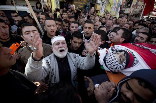 Palestinians mourners carry the body of Maher al-Jabi 56 during his funeral in the West Bank city of Nablus Sunday Dec. 27 2015. Al Jabi was shot and killed Saturday trying to ram his car into Israeli soldiers military said. The people who brought A