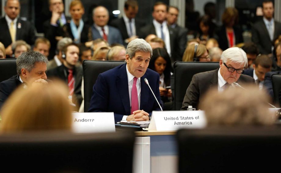 US Secretary of State John Kerry talks during the OSCE Ministerial Council meeting in Belgrade Serbia Thursday Dec. 3 2015. Foreign Ministers attended the opening session at the Organisation for Security and Cooperation in Europe summit in B