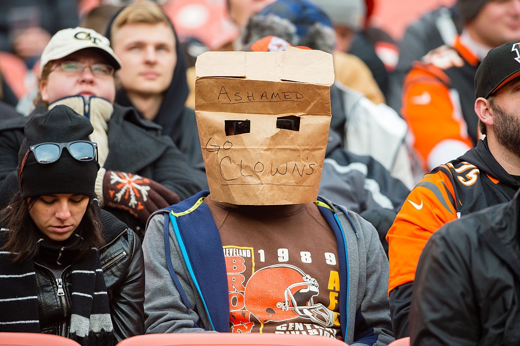 CLEVELAND OH- DECEMBER 6 A Cleveland Browns fan expresses their disappointment with the team during the second half against the Cincinnati Bengals at First Energy Stadium