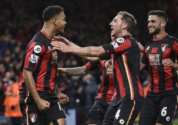 Joshua King celebrates after scoring the second goal for Bournemouth with Dan Gosling and Andrew Surman Reuters  Toby Melville Livepic