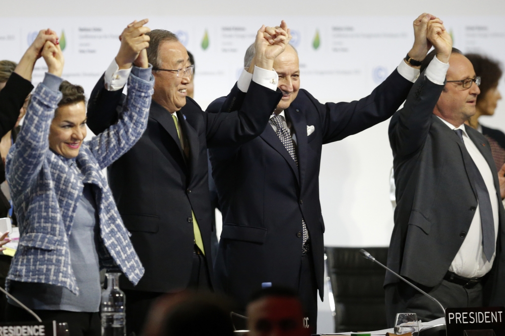 Joy and satisfaction moments after the gavel went down to pass the Paris Agreement.     Stephane Mahe  Reuters