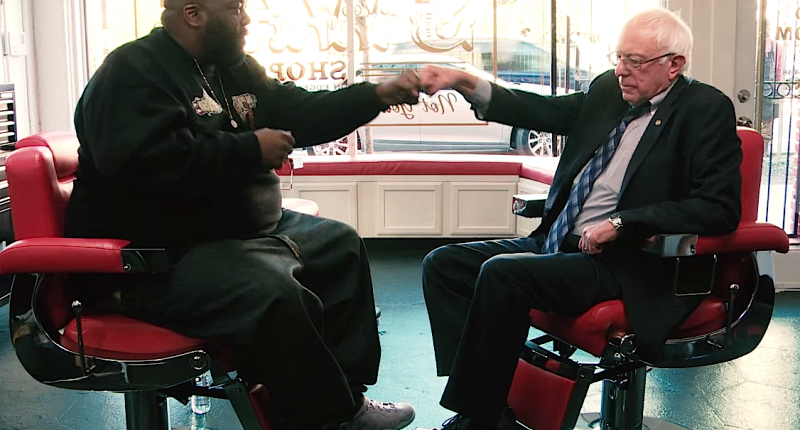 Sen. Bernie Sanders I-VT talks with Killer Mike of Run the Jewels