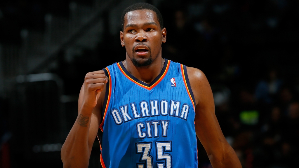 ATLANTA GA- DECEMBER 10 Kevin Durant #35 of the Oklahoma City Thunder reacts after a basket against the Atlanta Hawks at Philips Arena