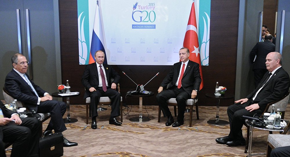 Russian President Vladimir Putin second left and Turkish President Recep Tayyip Erdogan second right during a meeting on the sidelines of the Group of 20 summit in Antalya Turkey