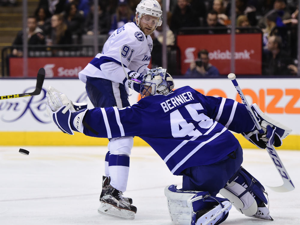 Toronto Maple Leafs&#039 goalie Jonathan Bernier makes the stop on Tampa Bay Lightning's Steve Stamkos during third period NHL hockey action in Toronto on Tuesday Dec. 15 2015. THE CANADIAN PRESS  Frank Gunn