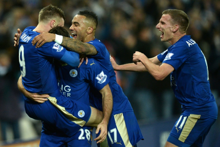 AFP  File  Oli Scarff Leicester City midfielder Marc Albrighton celebrates a goal with striker Jamie Vardy and teammates during the English Premier League match against Manchester United in Leicester central England