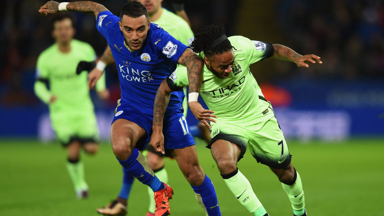 Leicester's Danny Simpson vies with Manchester City's Raheem Sterling