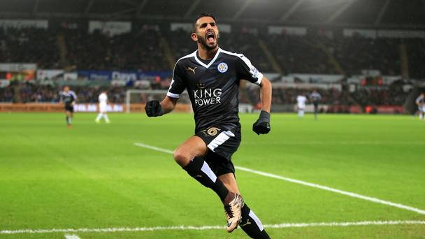 Leicester's Riyad Mahrez celebrates his hat-trick in their 3-0 Barclays Premier League win at Swansea