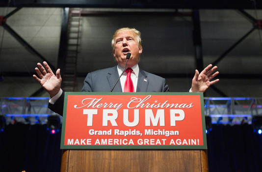 Republican presidential candidate Donald Trump speaks to guests at a campaign event