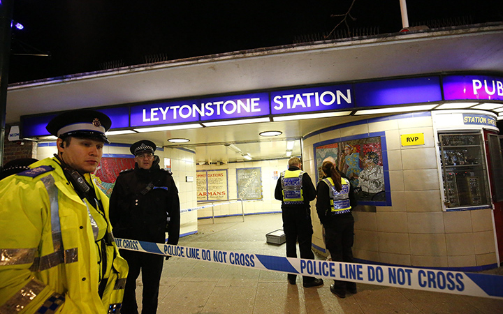 Police officers investigating a crime scene at Leytonstone tube station in east London after a man was seriously injured in a knife attack. The attacker reportedly shouted'This is for Syria during the attack.
Stabbing in Leytonstone London Britain- 0