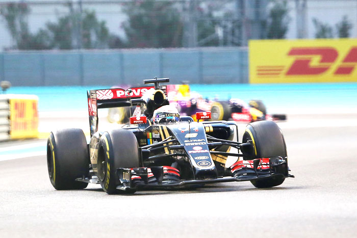 Lotus F1 Team's French driver Romain Grosjean drives during the Abu Dhabi Formula One Grand Prix at the Yas Marina circuit