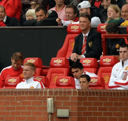 Manchester United's Dutch manager Louis Van Gaal watches from the dug out during the English Premier League football match between Manchester United and Swansea City at Old Trafford in Manchester north west England