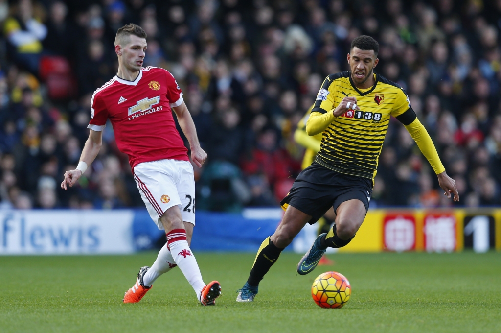 Manchester United's Morgan Schneiderlin in action with Watford's Etienne Capoue during Barclays Premier League game at Old Trafford