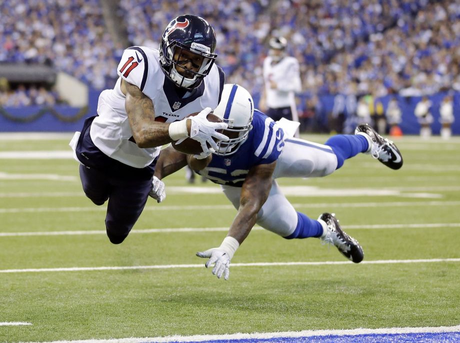 Houston’s Jaelen Strong dives into the end zone for an 8-yard touchdown in the fourth quarter that put the Texans ahead to stay at Indianapolis