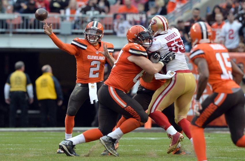 Cleveland Browns fans hold up a sign during the second half of an NFL football game between the San Francisco 49ers and the Cleveland Browns Sunday in Cleveland. AP