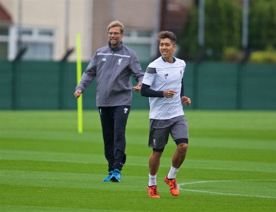 Liverpool's new manager Jürgen Klopp and Roberto Firmino during a training session at Melwood Training Ground ahead of the UEFA Europa League Group Stage Group B match against FC Rubin Kazan. (Pic