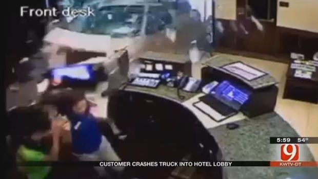 Disgruntled guest drives truck into hotel lobby