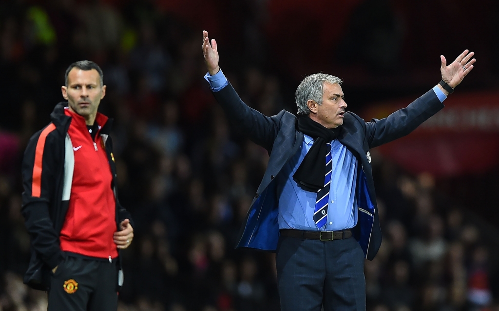 MANCHESTER ENGLAND- OCTOBER 26 Chelsea Manager Jose Mourinho protests during the Barclays Premier League match between Manchester United and Chelsea at Old Trafford