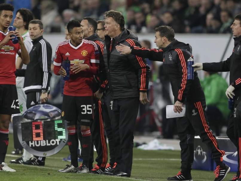 Manchester United's manager Louis van Gaal reacts during the Champions League group B match against VfL Wolfsburg