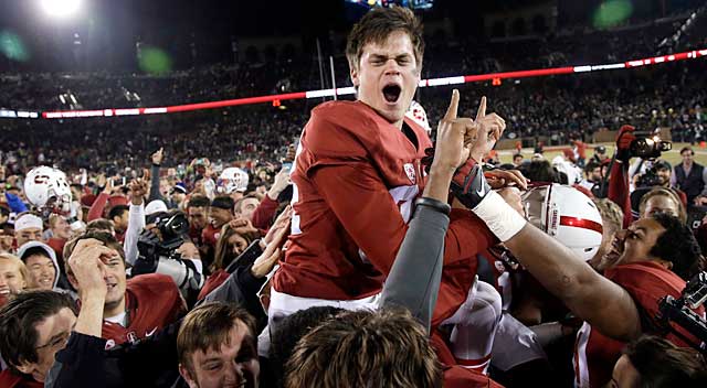 Marcio Jose Sanchez  Associated Press
        Stanford's Conrad Ukropina is lifted by fans and teammates after kicking the game-winning field goal