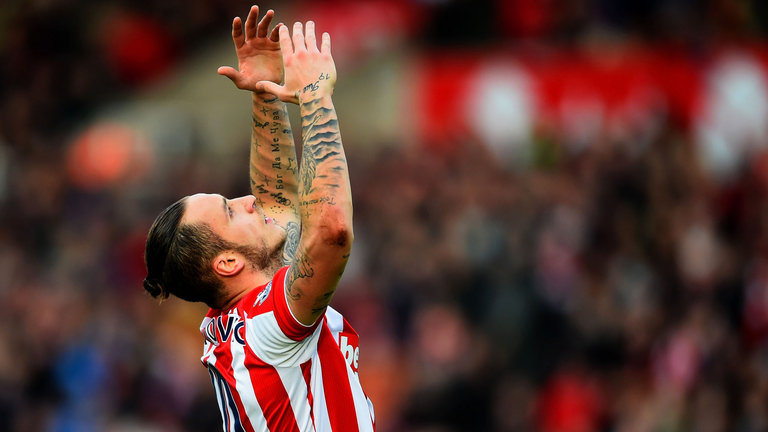 Marko Arnautovic celebrates after scoring Stoke's second goal against Manchester United