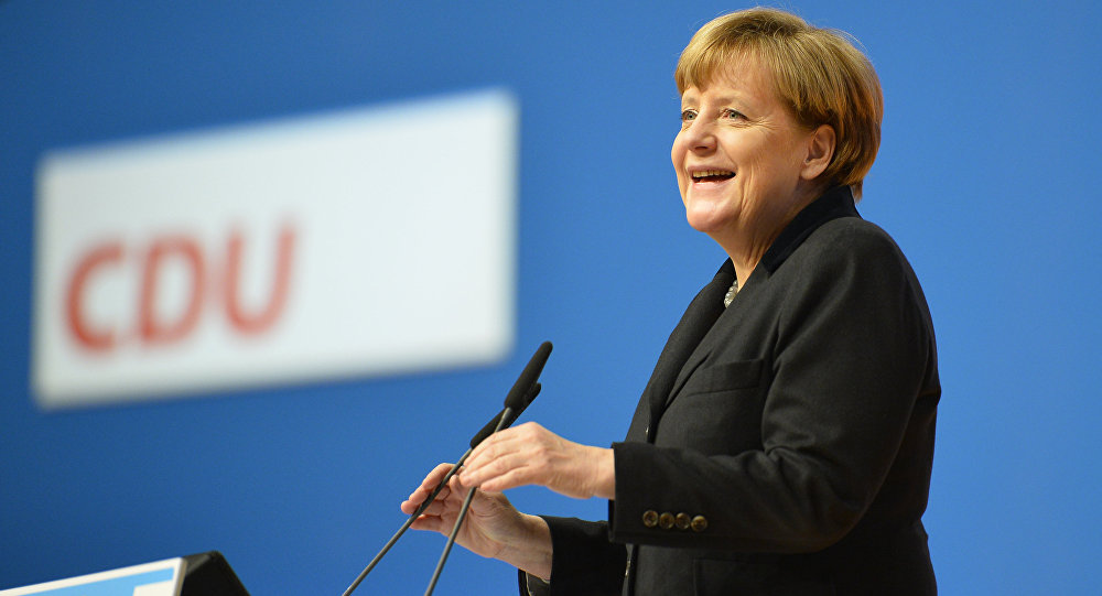 German Chancellor Angela Merkel speaks during a party convention of the Christian Democrats in Karlsruhe Germany Monday Dec. 14 2015