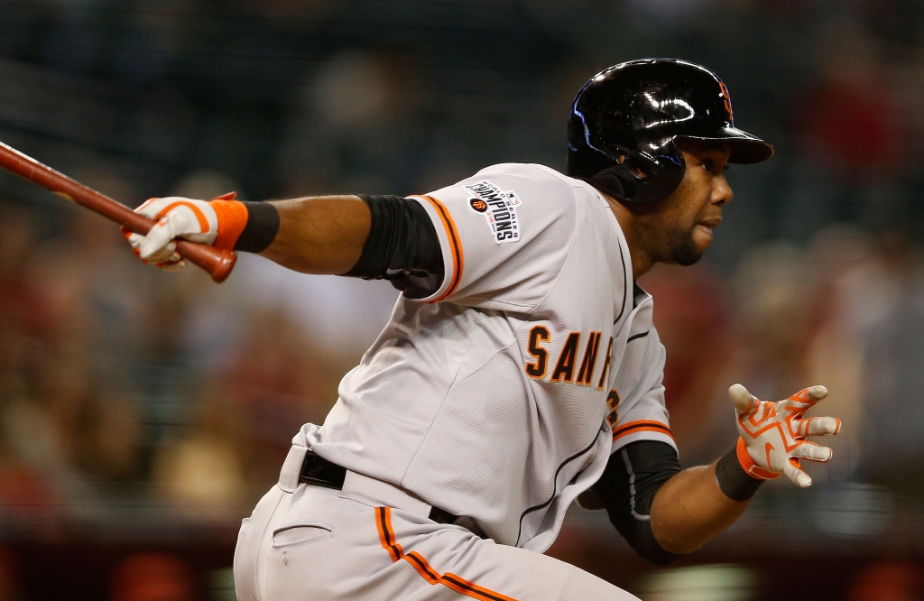 Alejandro De Aza of the San Francisco Giants bats against the Arizona Diamondbacks at Chase Field in Phoenix on Sept. 8 2015