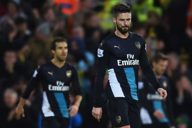 Olivier Giroud looks dejected after Lewis Grabban scored the equaliser