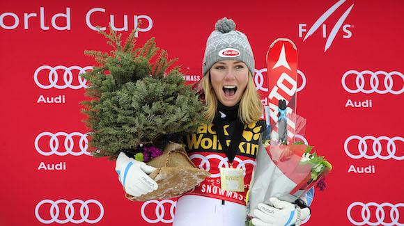 Mikaela Shiffrin celebrates her second win in two days at the Aspen Winternational