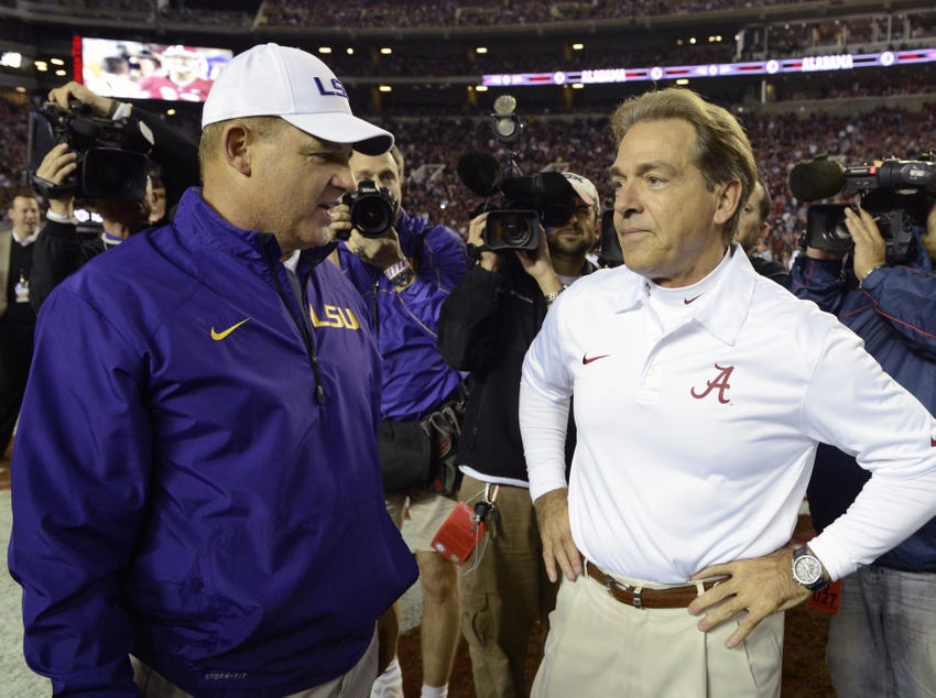 Nov 9 2013 Tuscaloosa AL USA LSU Tigers head coach Les Miles and Alabama Crimson Tide head coach Nick Saban greet each other midfield before the start of their game at Bryant Denny Stadium. Mandatory Credit John David Mercer-USA TODAY Sports