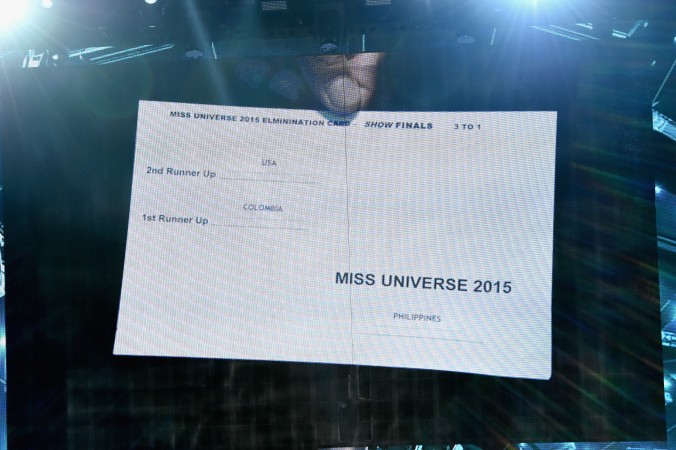 A card showing the order of the top three finalists in the 2015 Miss Universe Pageant is shown on screen after host Steve Harvey mistakenly named Miss Colombia 2015 Ariadna Gutierrez the winner instead of first runner-up at The Axis at Planet Hollywood