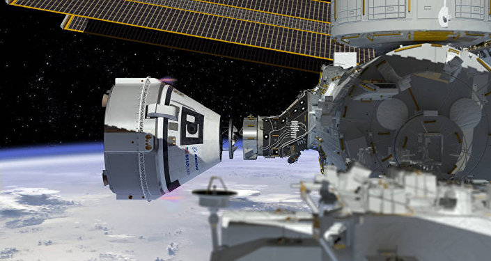 This artist's concept shows Boeing’s CST-100 Starliner spacecraft currently under development for NASA’s Commercial Crew Program docking to the International Space Station