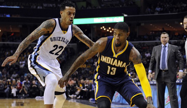 Dec 19 2015 Memphis TN USA Indiana Pacers forward Paul George handles the ball against Memphis Grizzlies forward Matt Barnes during the first quarter at FedExForum. Mandatory Credit Justin Ford-USA TODAY Sports