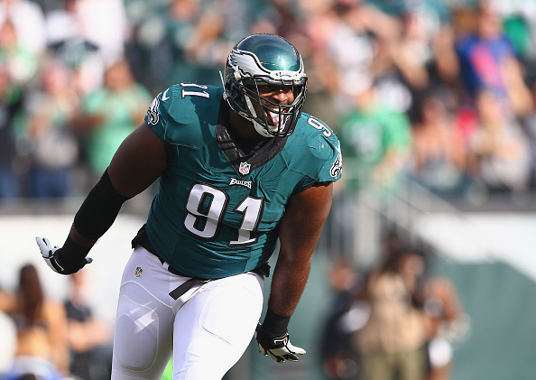 PHILADELPHIA PA- DECEMBER 13 Fletcher Cox #91 of the Philadelphia Eagles reacts to a sack on Tyrod Taylor #5 of the Buffalo Bills during the first quarter at Lincoln Financial Field