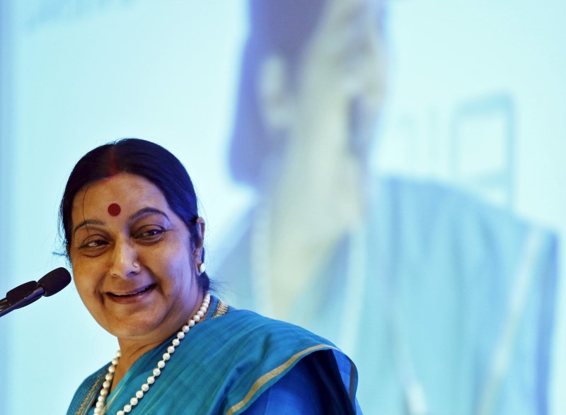 India's Foreign Minister Sushma Swaraj smiles while addressing the India Africa business forum in New Delhi India