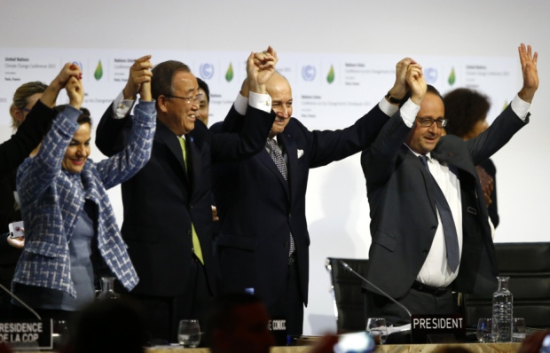 UN climate chief Christiana Figueres and secretary-general Ban ki-Moon COP21 president Laurent Fabius and French president Fran�ois Hollande celebrate the deal